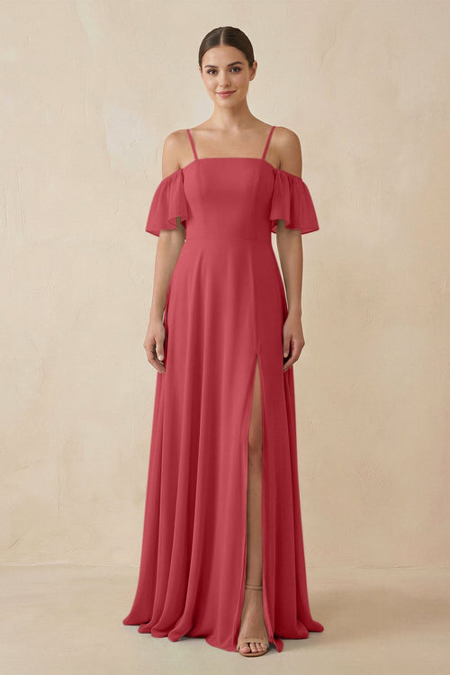 Off - the - Shoulder A - Line Chiffon Bridesmaid Dress in Merlot - KissProm Bridesmaid Dresses