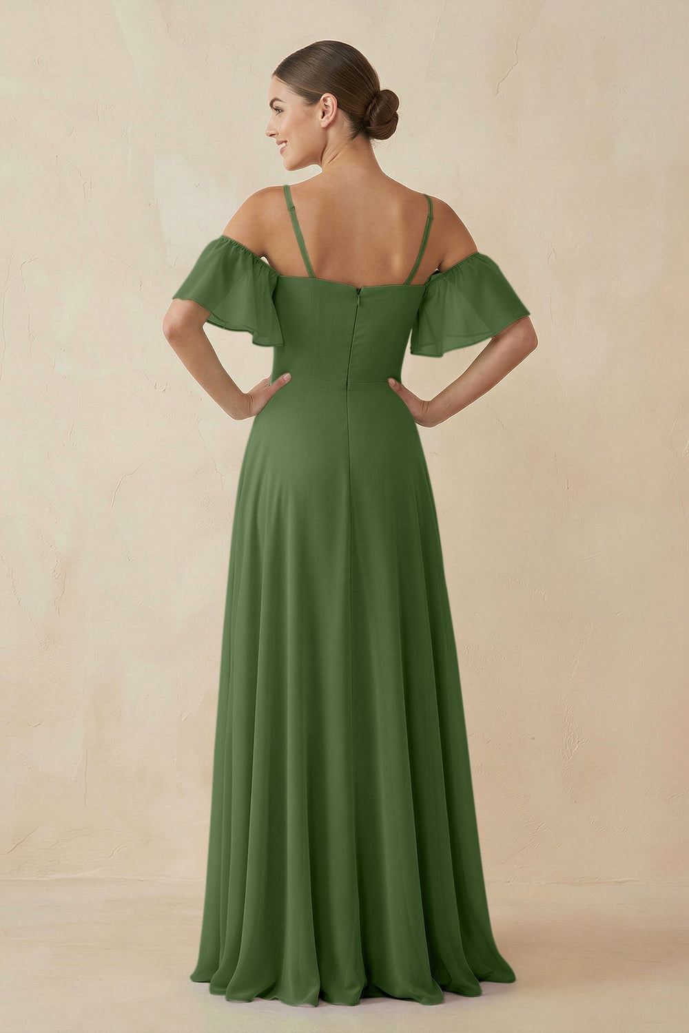 Off - the - Shoulder A - Line Chiffon Bridesmaid Dress in Moss - KissProm Bridesmaid Dresses