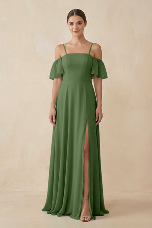 Off - the - Shoulder A - Line Chiffon Bridesmaid Dress in Moss - KissProm Bridesmaid Dresses