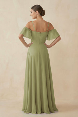 Off - the - Shoulder A - Line Chiffon Bridesmaid Dress in Moss Green - KissProm Bridesmaid Dresses