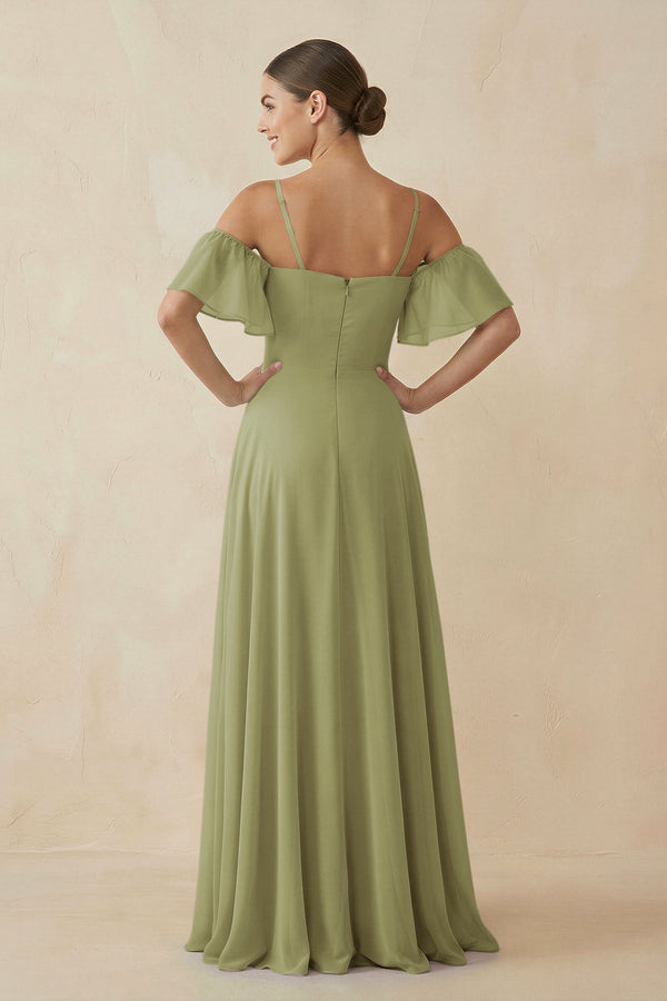 Off - the - Shoulder A - Line Chiffon Bridesmaid Dress in Moss Green - KissProm Bridesmaid Dresses