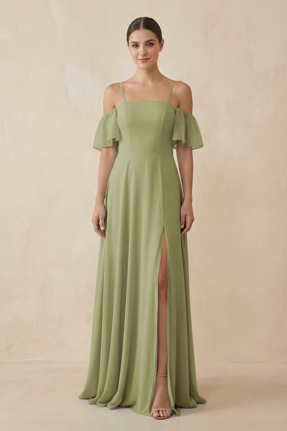 Off - the - Shoulder A - Line Chiffon Bridesmaid Dress in Moss Green - KissProm Bridesmaid Dresses