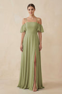 Off - the - Shoulder A - Line Chiffon Bridesmaid Dress in Moss Green - KissProm Bridesmaid Dresses