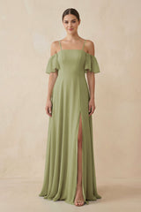 Off - the - Shoulder A - Line Chiffon Bridesmaid Dress in Moss Green - KissProm Bridesmaid Dresses