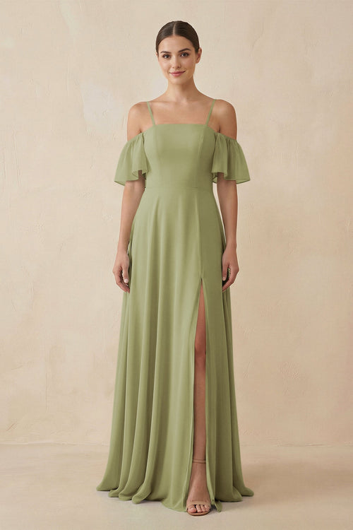Off - the - Shoulder A - Line Chiffon Bridesmaid Dress in Moss Green - KissProm Bridesmaid Dresses
