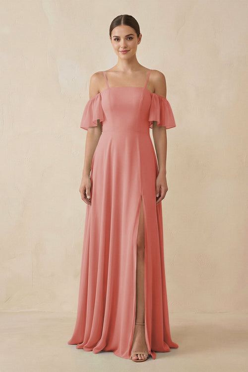 Off - the - Shoulder A - Line Chiffon Bridesmaid Dress in Mulberry - KissProm Bridesmaid Dresses