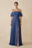 Off - the - Shoulder A - Line Chiffon Bridesmaid Dress in Navy - KissProm Bridesmaid Dresses