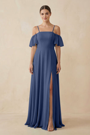 Off - the - Shoulder A - Line Chiffon Bridesmaid Dress in Navy - KissProm Bridesmaid Dresses