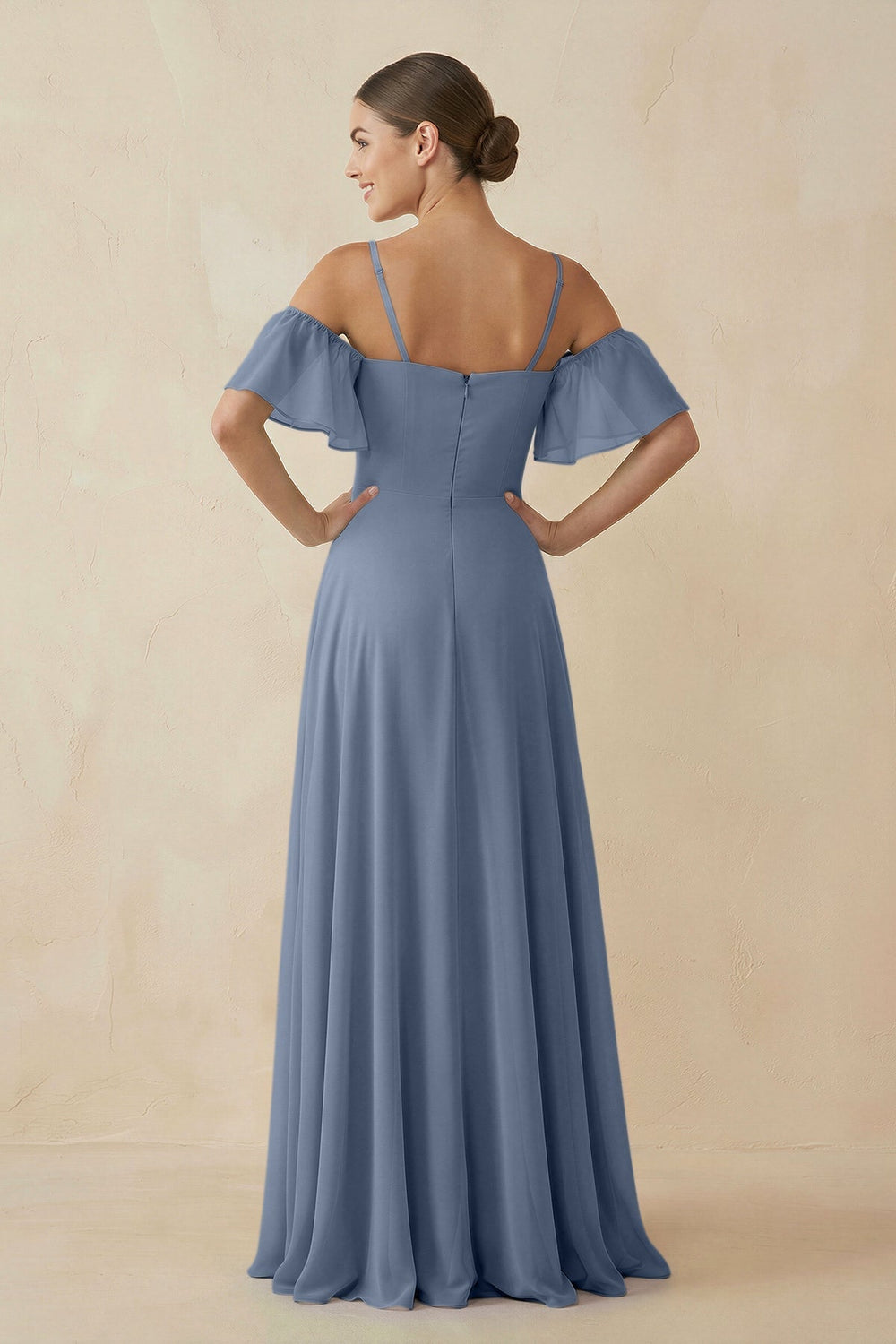 Off - the - Shoulder A - Line Chiffon Bridesmaid Dress in Neptune - KissProm Bridesmaid Dresses