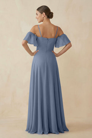 Off - the - Shoulder A - Line Chiffon Bridesmaid Dress in Neptune - KissProm Bridesmaid Dresses