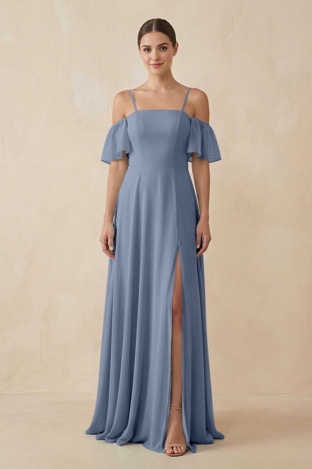 Off - the - Shoulder A - Line Chiffon Bridesmaid Dress in Neptune - KissProm Bridesmaid Dresses