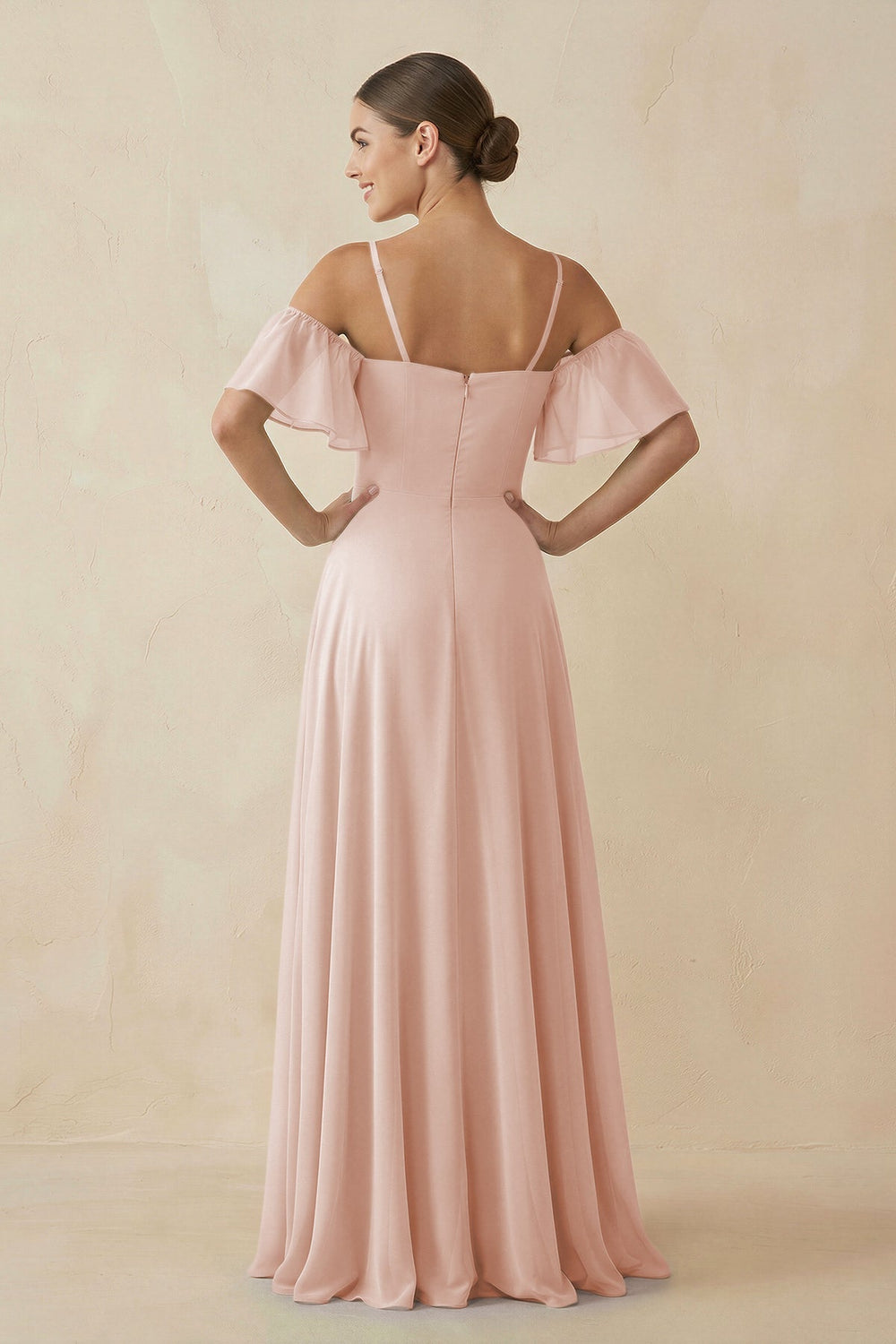 Off - the - Shoulder A - Line Chiffon Bridesmaid Dress in Pale Blush - KissProm Bridesmaid Dresses