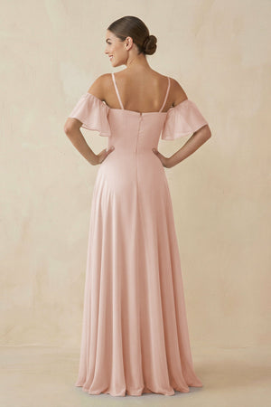 Off - the - Shoulder A - Line Chiffon Bridesmaid Dress in Pale Blush - KissProm Bridesmaid Dresses