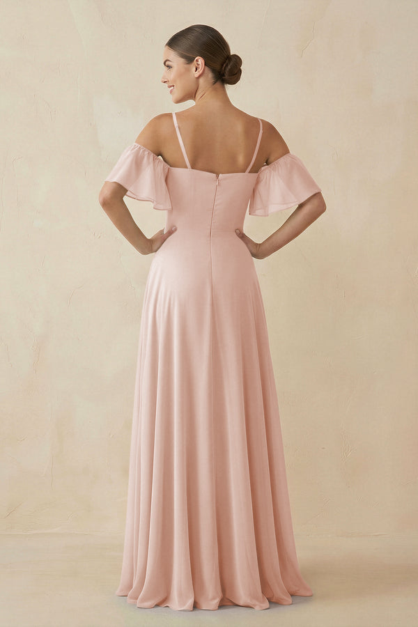 Off - the - Shoulder A - Line Chiffon Bridesmaid Dress in Pale Blush - KissProm Bridesmaid Dresses
