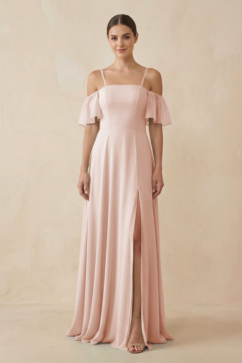 Off - the - Shoulder A - Line Chiffon Bridesmaid Dress in Pale Blush - KissProm Bridesmaid Dresses