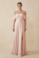 Off - the - Shoulder A - Line Chiffon Bridesmaid Dress in Pale Blush - KissProm Bridesmaid Dresses