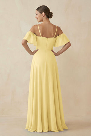 Off - the - Shoulder A - Line Chiffon Bridesmaid Dress in Pastel Yellow - KissProm Bridesmaid Dresses