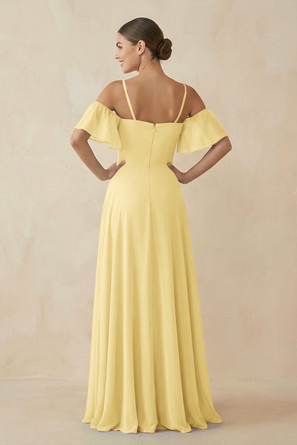 Off - the - Shoulder A - Line Chiffon Bridesmaid Dress in Pastel Yellow - KissProm Bridesmaid Dresses