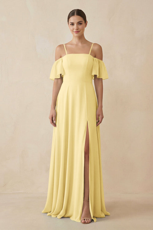 KissProm Off-the-Shoulder A-Line Chiffon Bridesmaid Dress in Pastel Yellow, Pastel Yellow / 22
