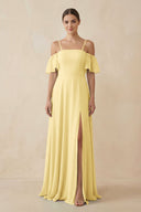 Off - the - Shoulder A - Line Chiffon Bridesmaid Dress in Pastel Yellow - KissProm Bridesmaid Dresses