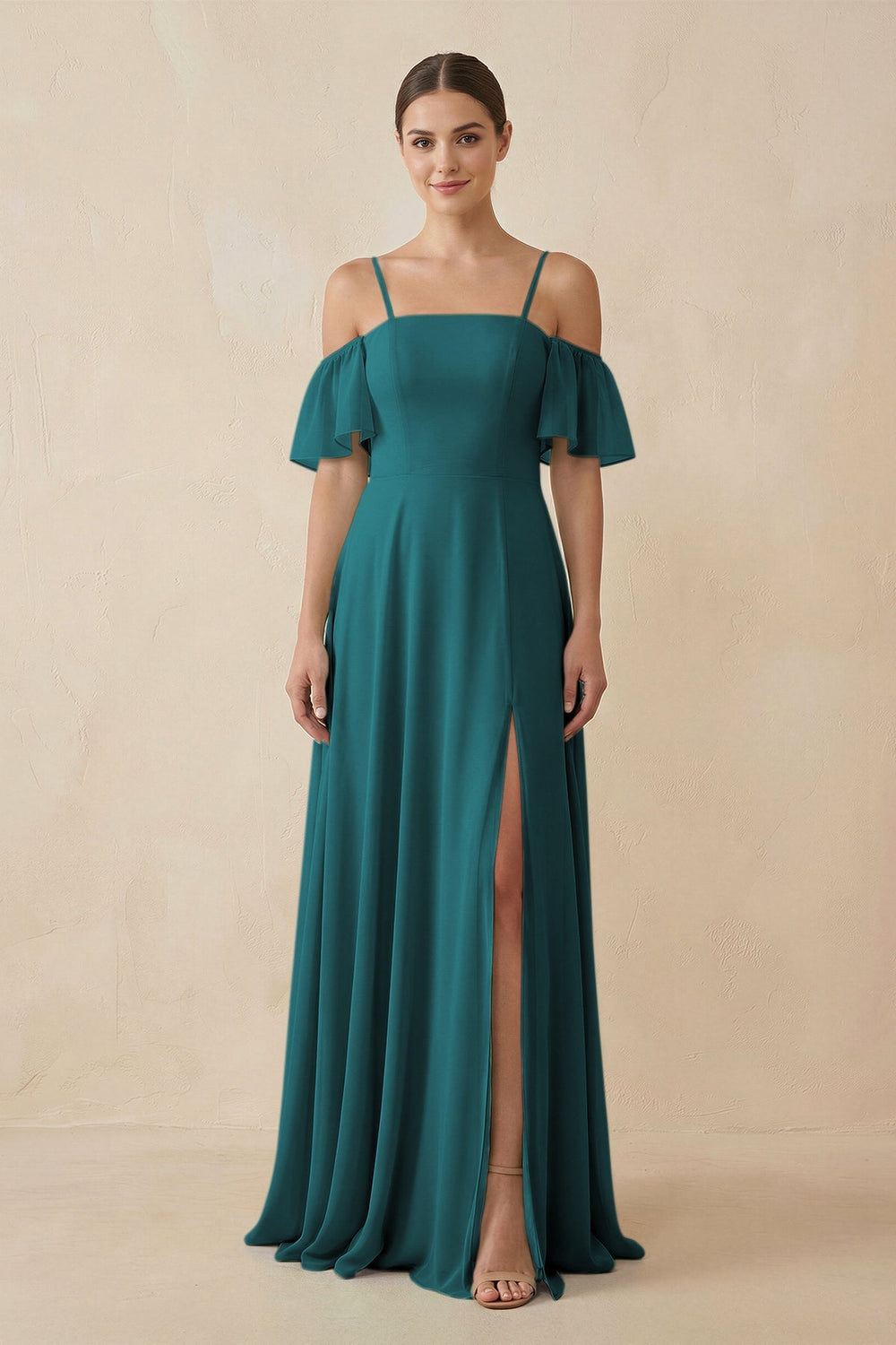 Off - the - Shoulder A - Line Chiffon Bridesmaid Dress in Pine - KissProm Bridesmaid Dresses