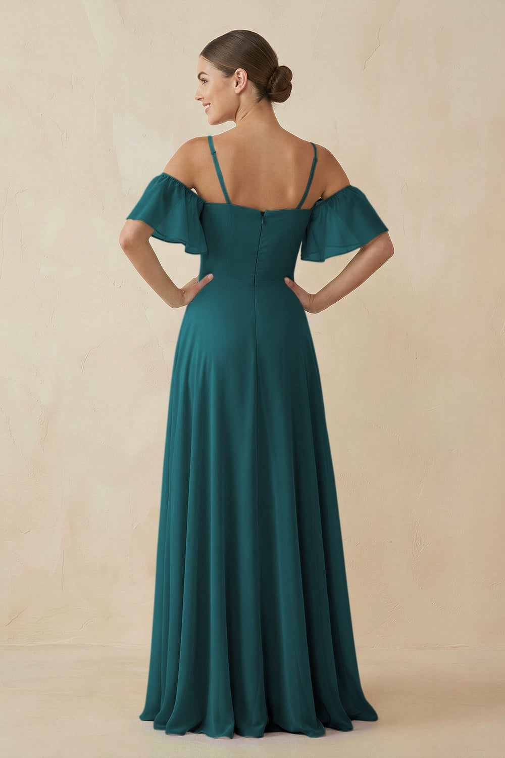 Off - the - Shoulder A - Line Chiffon Bridesmaid Dress in Pine - KissProm Bridesmaid Dresses