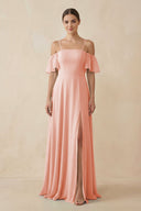 Off - the - Shoulder A - Line Chiffon Bridesmaid Dress in Rose Petal - KissProm Bridesmaid Dresses