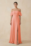 Off - the - Shoulder A - Line Chiffon Bridesmaid Dress in Rosette - KissProm Bridesmaid Dresses