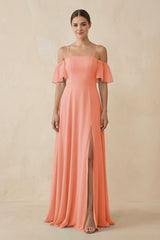 Off - the - Shoulder A - Line Chiffon Bridesmaid Dress in Rosette - KissProm Bridesmaid Dresses