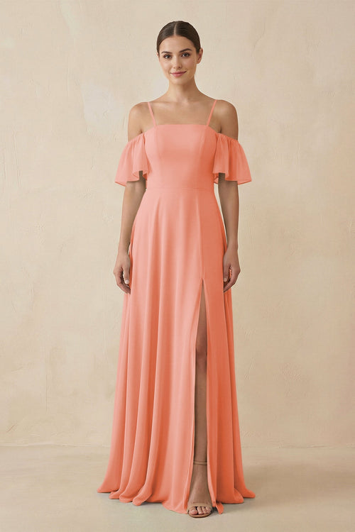 Off - the - Shoulder A - Line Chiffon Bridesmaid Dress in Rosette - KissProm Bridesmaid Dresses