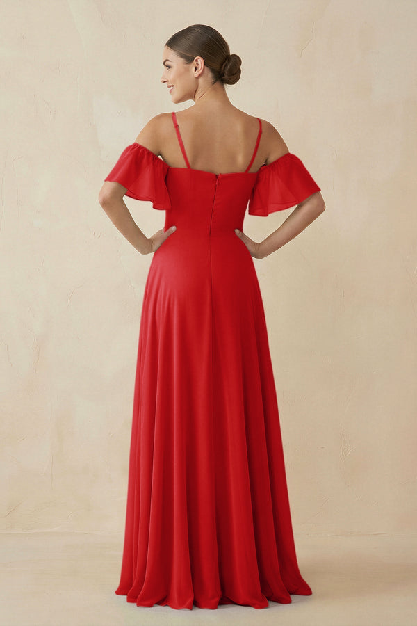 KissProm Off-the-Shoulder A-Line Chiffon Bridesmaid Dress in Ruby Red, Ruby Red / 8