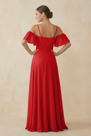 Off - the - Shoulder A - Line Chiffon Bridesmaid Dress in Ruby Red - KissProm Bridesmaid Dresses