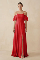 Off - the - Shoulder A - Line Chiffon Bridesmaid Dress in Ruby Red - KissProm Bridesmaid Dresses