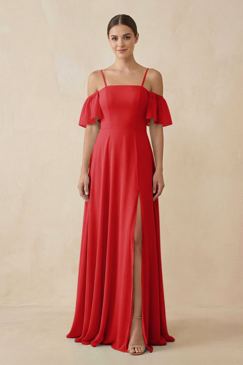 Off - the - Shoulder A - Line Chiffon Bridesmaid Dress in Ruby Red - KissProm Bridesmaid Dresses