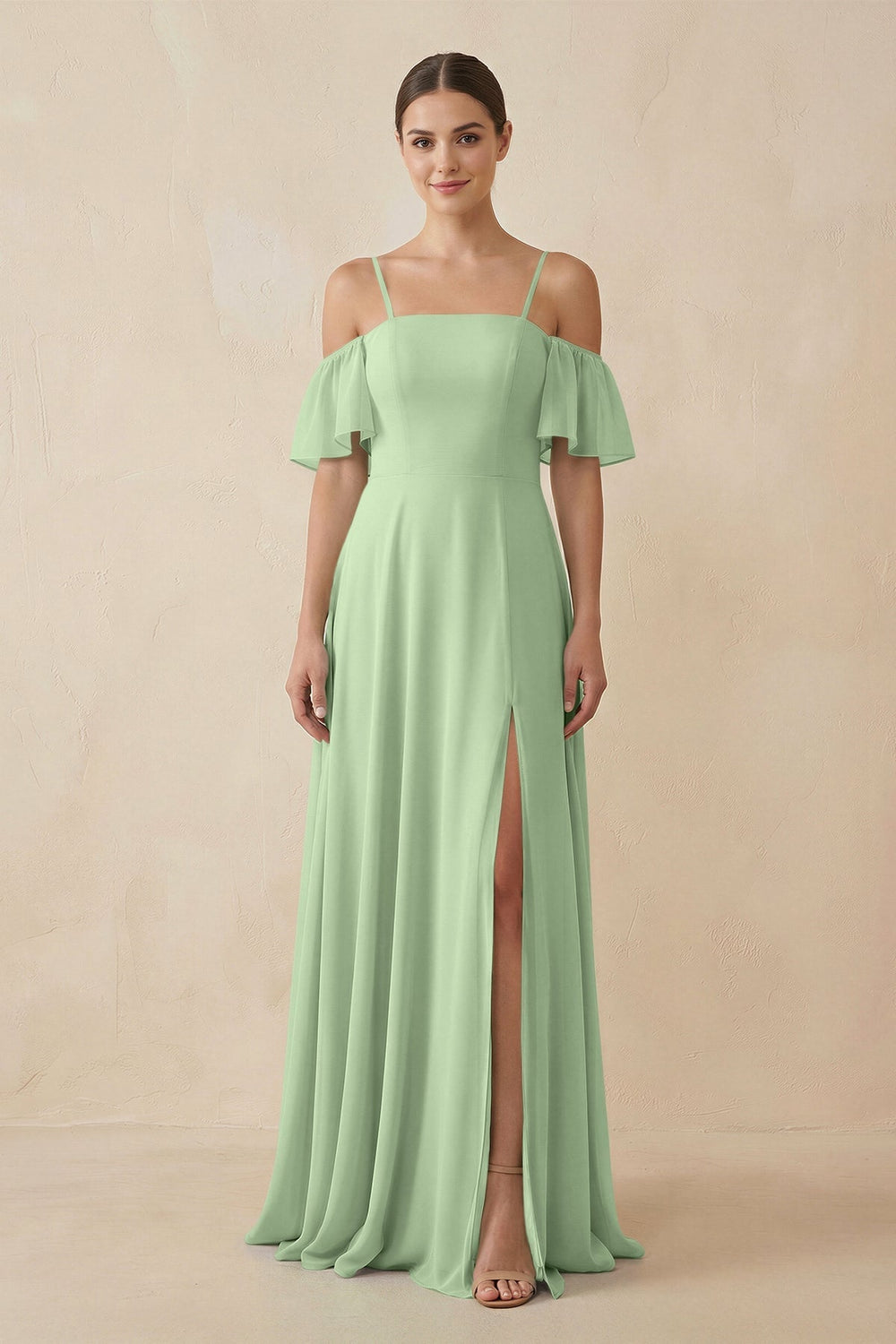 Off - the - Shoulder A - Line Chiffon Bridesmaid Dress in Sage - KissProm Bridesmaid Dresses