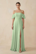 Off - the - Shoulder A - Line Chiffon Bridesmaid Dress in Sage - KissProm Bridesmaid Dresses