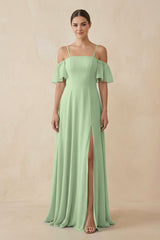 Off - the - Shoulder A - Line Chiffon Bridesmaid Dress in Sage - KissProm Bridesmaid Dresses