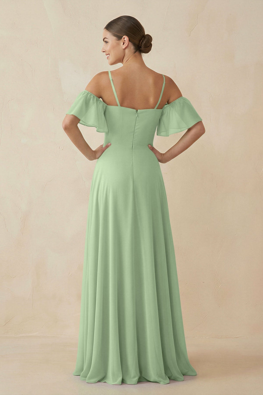 Off - the - Shoulder A - Line Chiffon Bridesmaid Dress in Sage - KissProm Bridesmaid Dresses