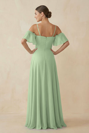 Off - the - Shoulder A - Line Chiffon Bridesmaid Dress in Sage - KissProm Bridesmaid Dresses