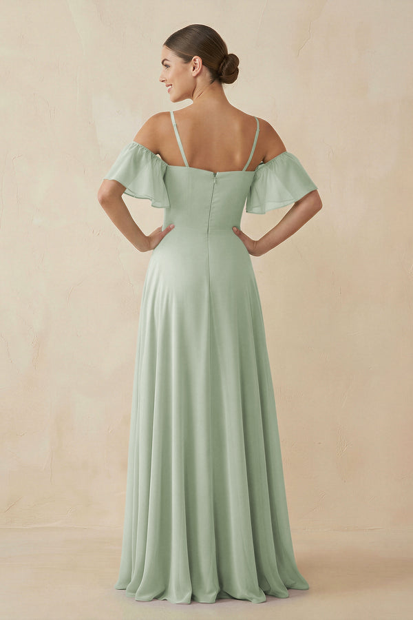 Off - the - Shoulder A - Line Chiffon Bridesmaid Dress in Sage - KissProm Bridesmaid Dresses