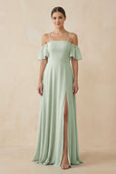Off - the - Shoulder A - Line Chiffon Bridesmaid Dress in Sage - KissProm Bridesmaid Dresses