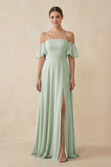 Off - the - Shoulder A - Line Chiffon Bridesmaid Dress in Sage - KissProm Bridesmaid Dresses