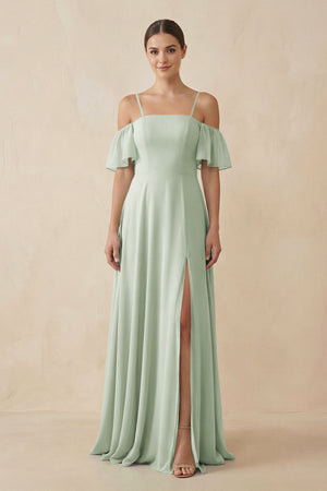 Off - the - Shoulder A - Line Chiffon Bridesmaid Dress in Sage - KissProm Bridesmaid Dresses