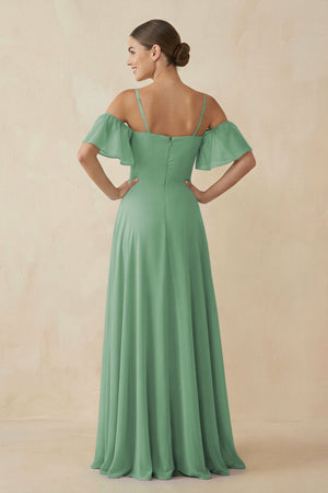 Off - the - Shoulder A - Line Chiffon Bridesmaid Dress in Sea Glass - KissProm Bridesmaid Dresses
