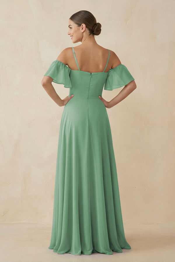 Off - the - Shoulder A - Line Chiffon Bridesmaid Dress in Sea Glass - KissProm Bridesmaid Dresses