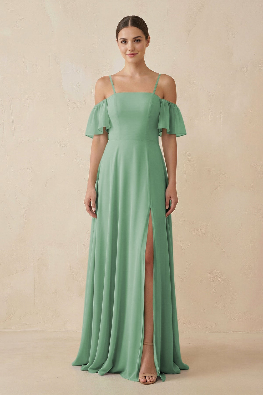 Off - the - Shoulder A - Line Chiffon Bridesmaid Dress in Sea Glass - KissProm Bridesmaid Dresses