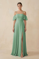 Off - the - Shoulder A - Line Chiffon Bridesmaid Dress in Sea Glass - KissProm Bridesmaid Dresses