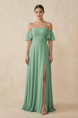Off - the - Shoulder A - Line Chiffon Bridesmaid Dress in Sea Glass - KissProm Bridesmaid Dresses