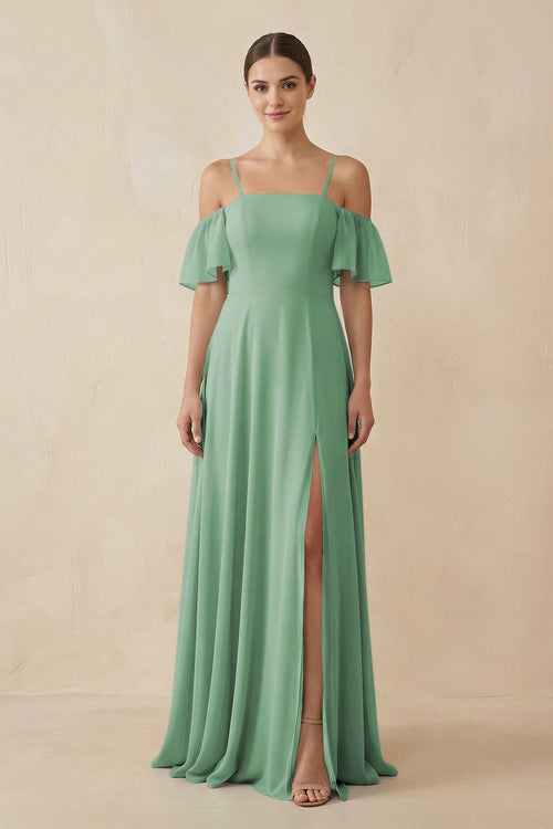 Off - the - Shoulder A - Line Chiffon Bridesmaid Dress in Sea Glass - KissProm Bridesmaid Dresses