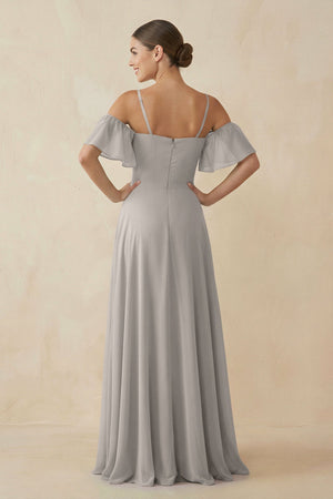 Off - the - Shoulder A - Line Chiffon Bridesmaid Dress in Silver - KissProm Bridesmaid Dresses